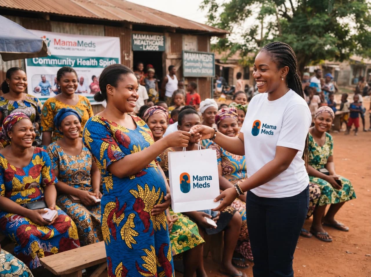 A pregnant woman receiving a MamaMeds bag from a team member, surrounded by women at a community gathering.